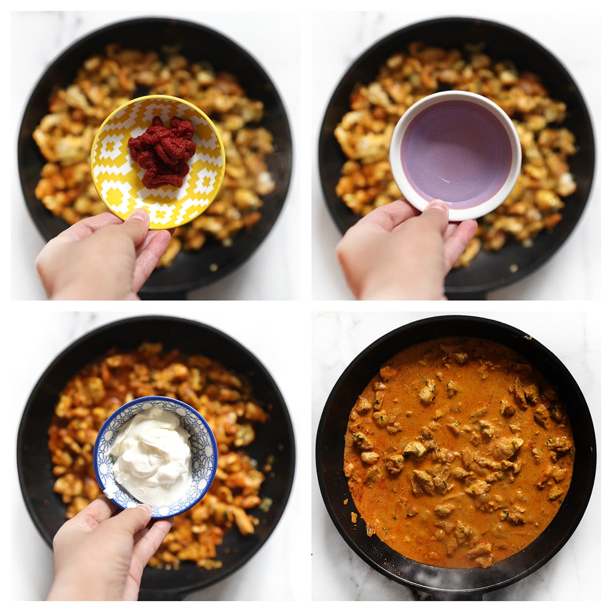 Kruidige chicken tikka masala kipvulling met een ingedikte saus in een pan