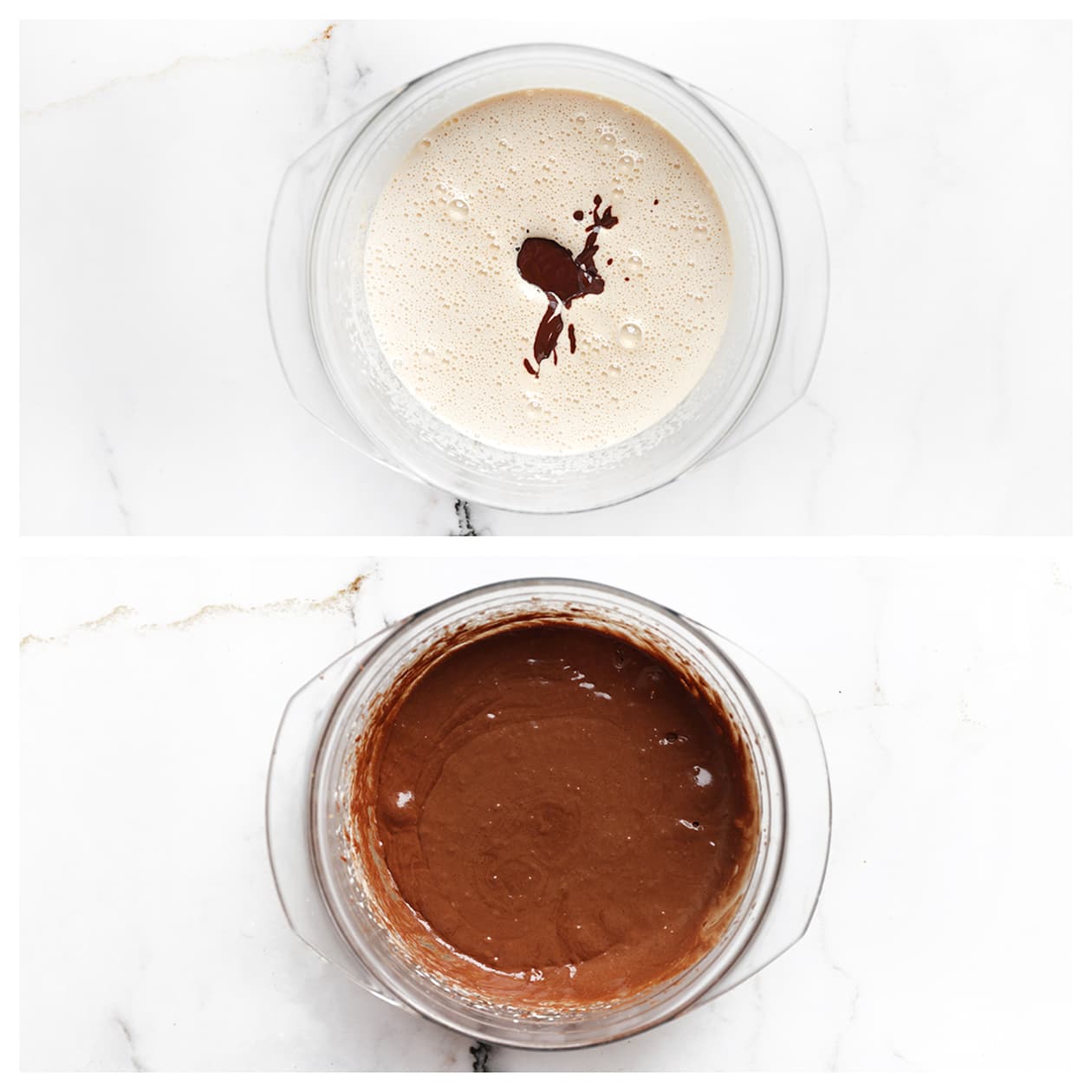 Gesmolten chocolade en boter toevoegen aan het luchtige eimengsel.