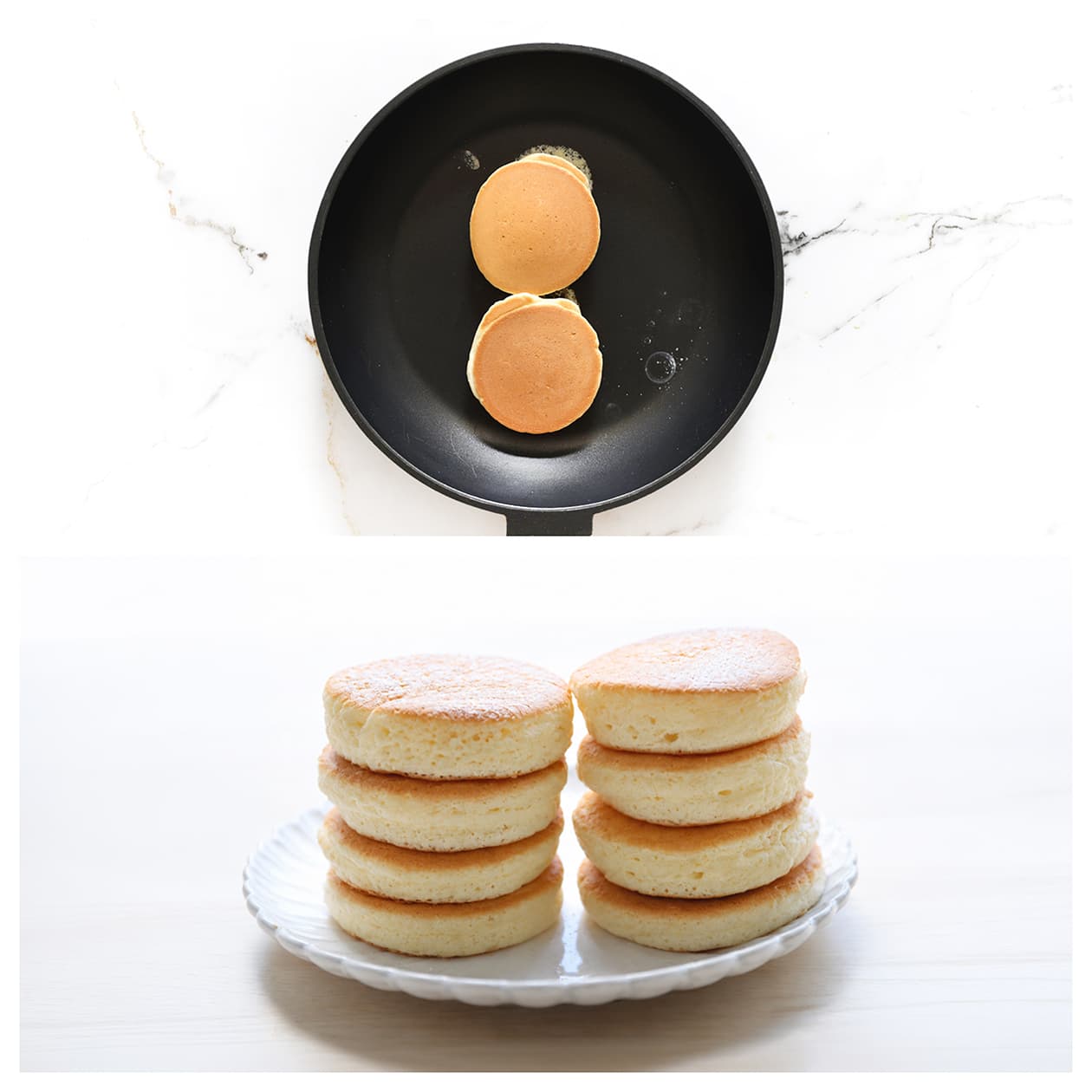 Japanse fluffy pancakes worden met een brede spatel voorzichtig omgedraaid in de pan
