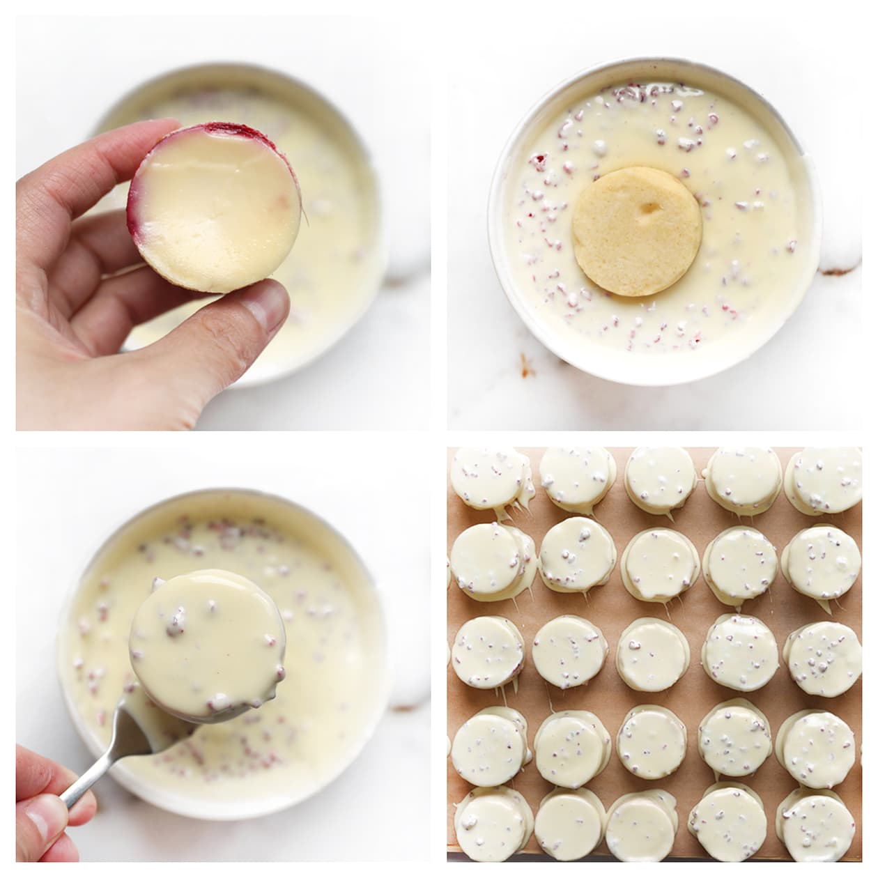 Mini frambozen cheesecakes dippen in witte chocolade met gevriesdroogde frambozen