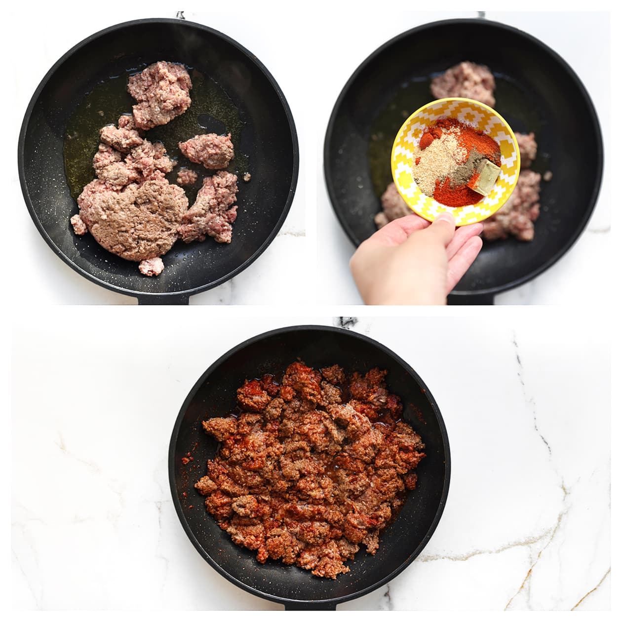 Gehakt bakken in een koekenpan met paprikapoeder, knoflookpoeder, cayennepeper en zwarte peper.
