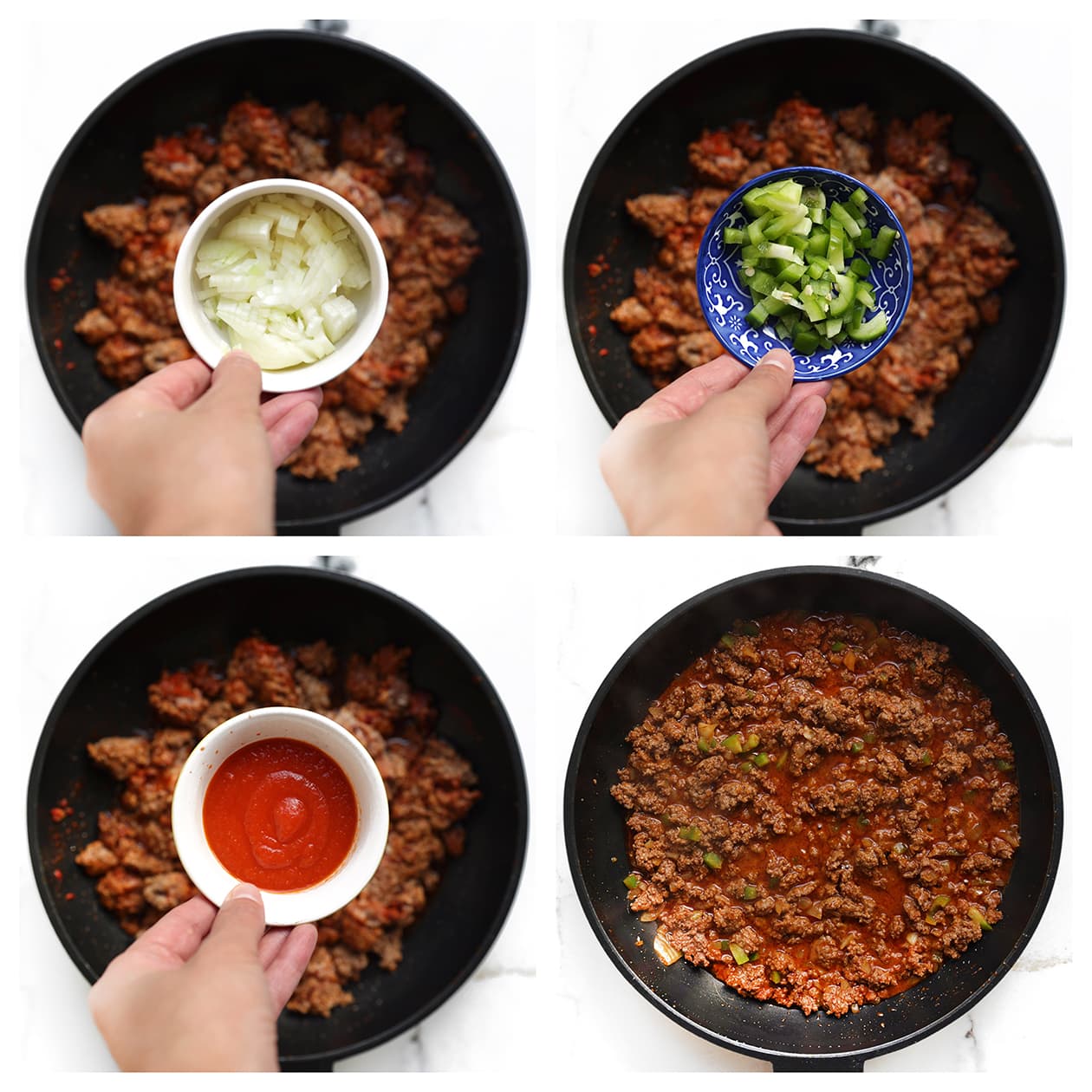 Gekruid gehakt met groene paprika, ui en tomatensaus in een koekenpan.