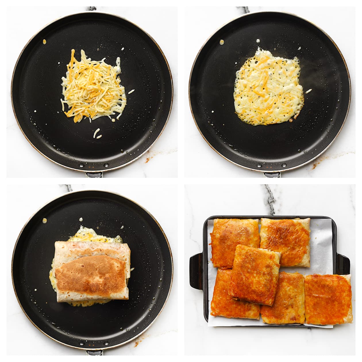 Gehaktwrap op gesmolten Tex-Mex-kaas in een koekenpan voor een krokante kaasrand.