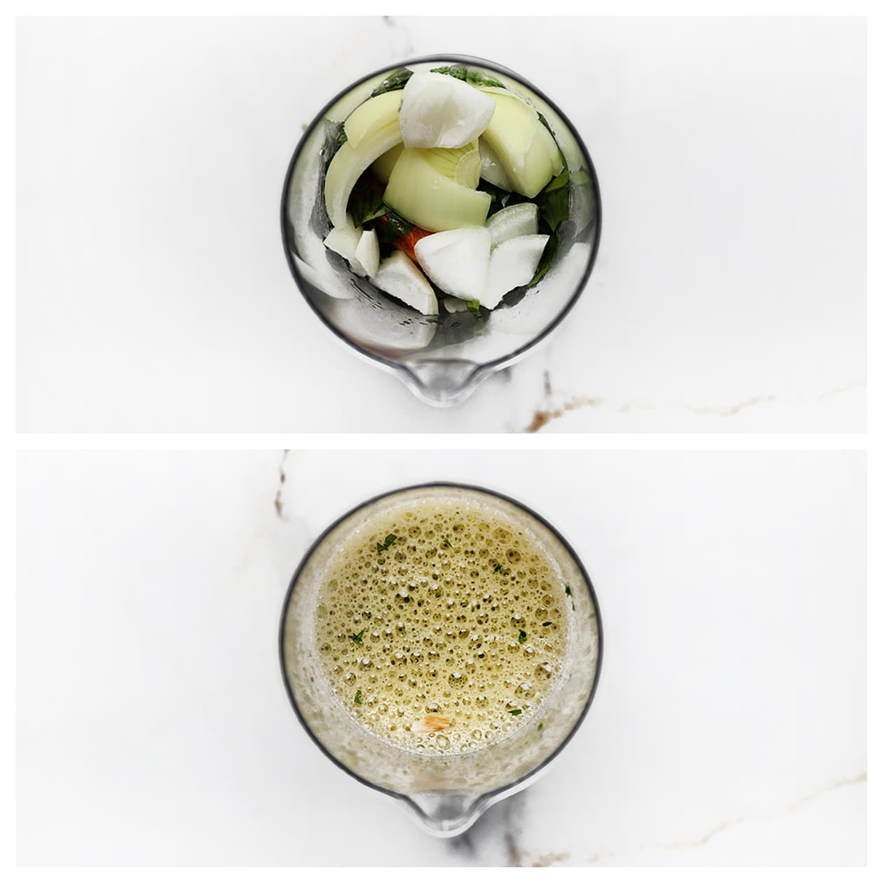 Tomaten, ui, selderij en knoflook in de blender voor Marokkaanse parelcouscoussoep