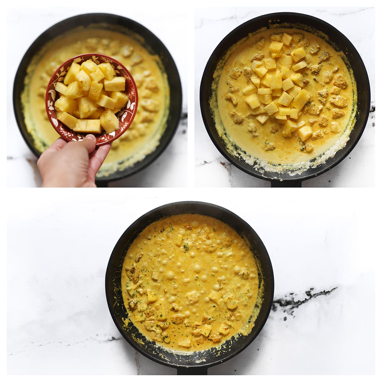 Romige kip kerrie met stukjes ananas en sperziebonen in de pan