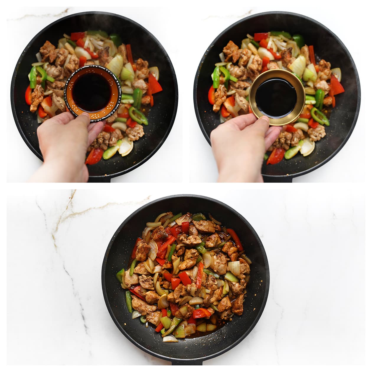 Kip siam met paprika mengen met sojasaus, oestersaus en ketjap manis.