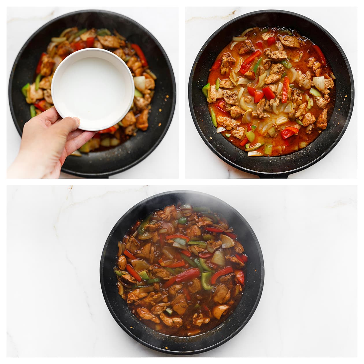 Kip siam met paprika in een ingedikte Oosterse saus.