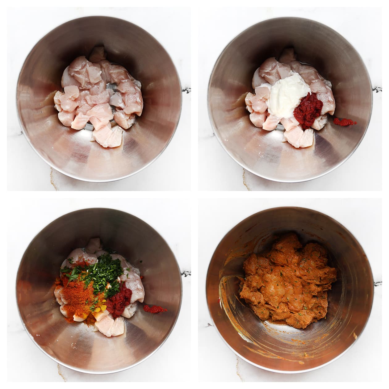 Kippendijen mengen met Griekse yoghurt, tomatenpuree en tandoorikruiden