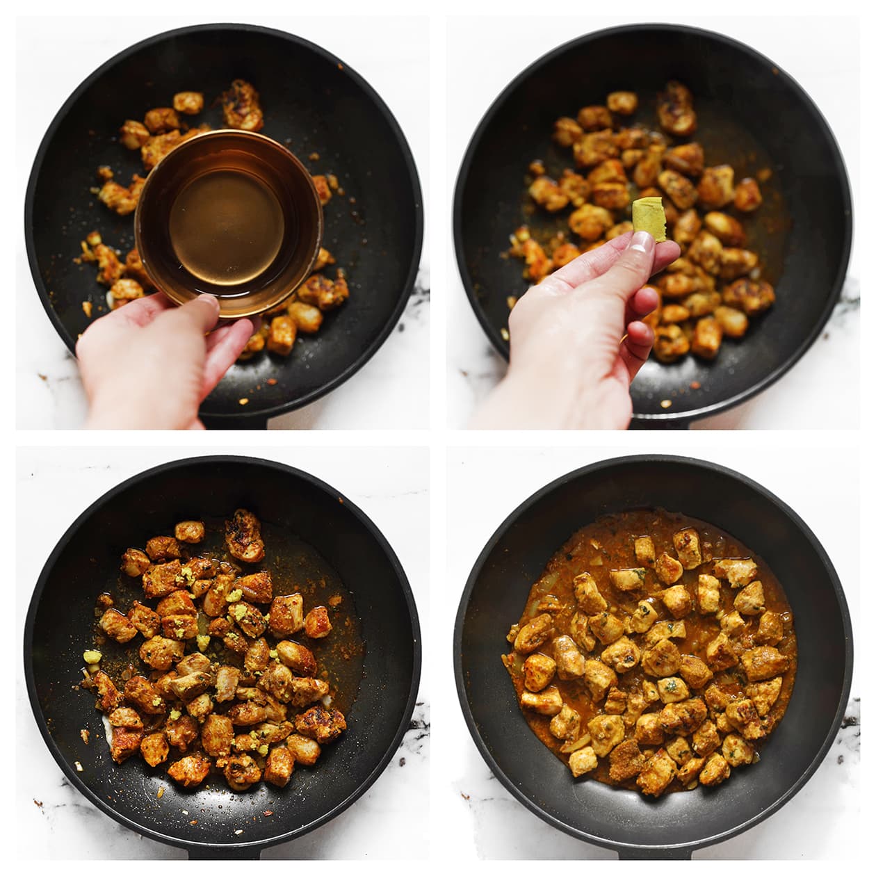 Gebakken kip met kerriekruiden en kippenbouillon in de koekenpan
