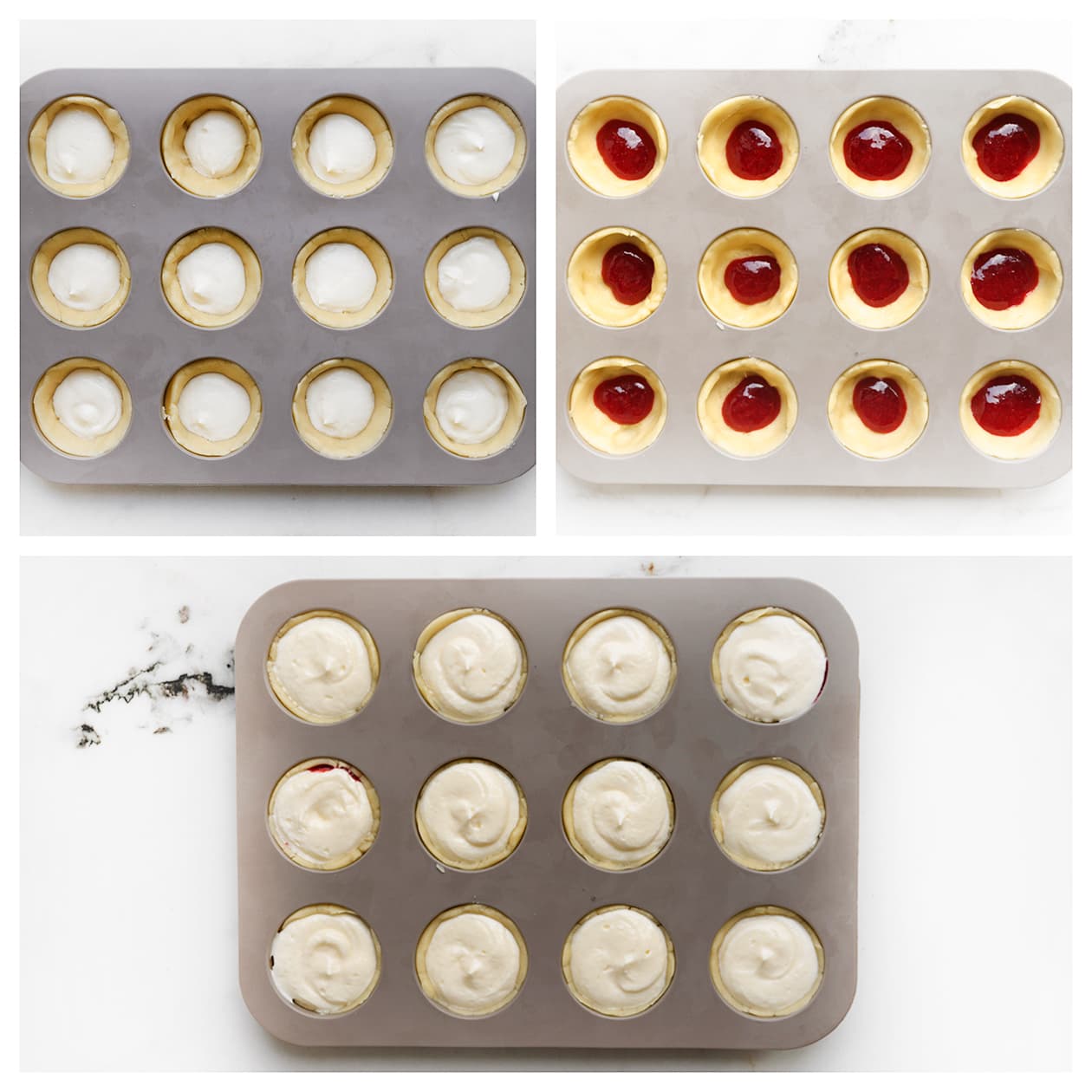 Koekjeskuipjes vullen met cheesecakebeslag en frambozensiroop