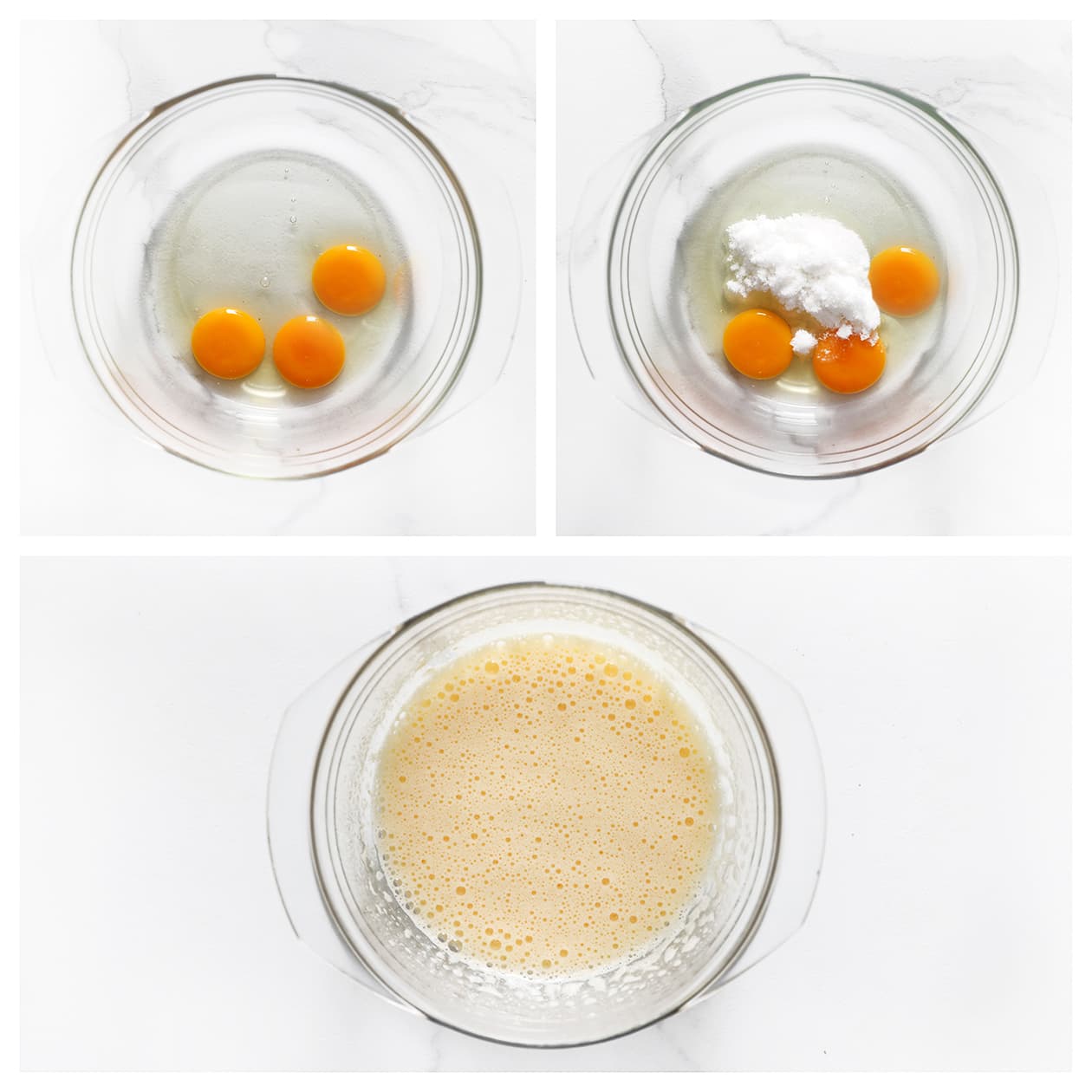 Eidooiers gemengd met yoghurt en vanillesuiker voor Japanse fluffy pancakes