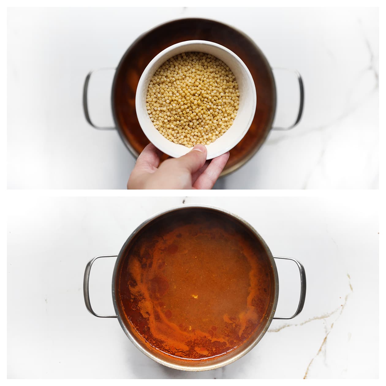 Parelcouscous toevoegen aan de Marokkaanse tomatensoep met vlees