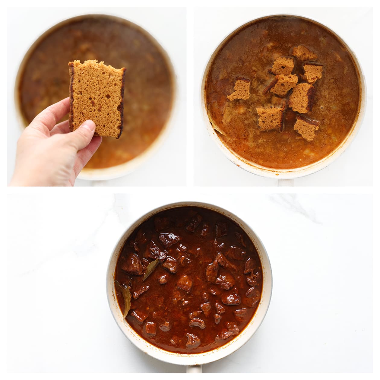 Ontbijtkoek verkruimelen boven kalfsvlees met water in de stoofpan