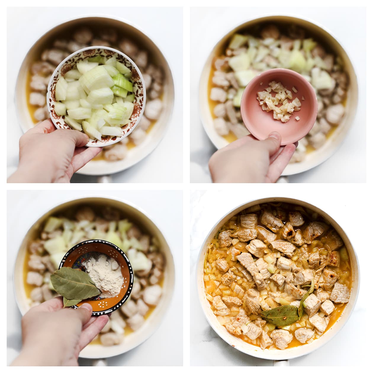 Kalfsvlees met gesnipperde ui, knoflook, laurier en kruiden in de pan