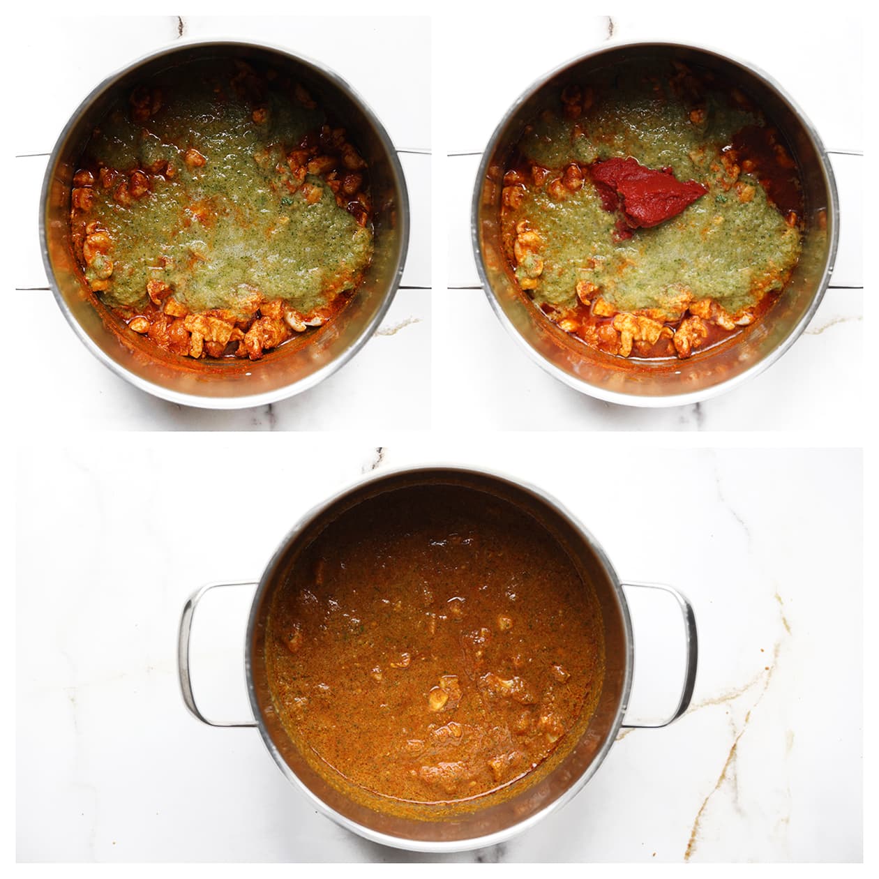 Fijngemalen tomaten, ui, selderij en tomatenpuree bij het gekruide vlees