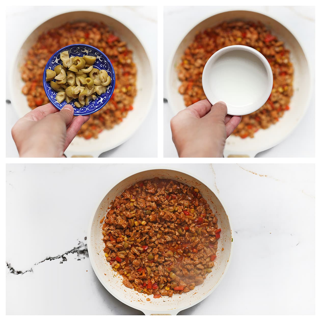 Gekruid vleesmengsel met rode paprika, maïs en groene olijven in de pan
