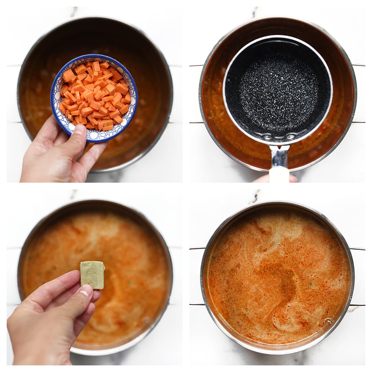 Wortel, heet water en bouillon bij het vlees en groentemengsel voor de soep