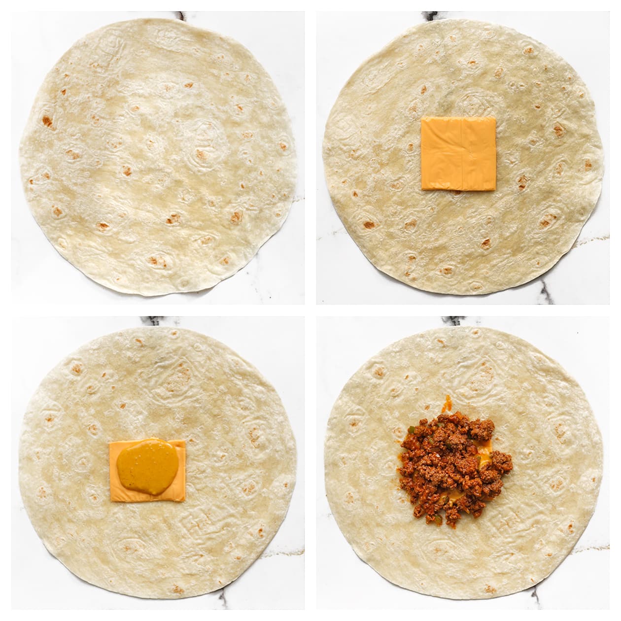 Wrap gevuld met een plakje kaas, saus en gekruid gehaktmengsel.
