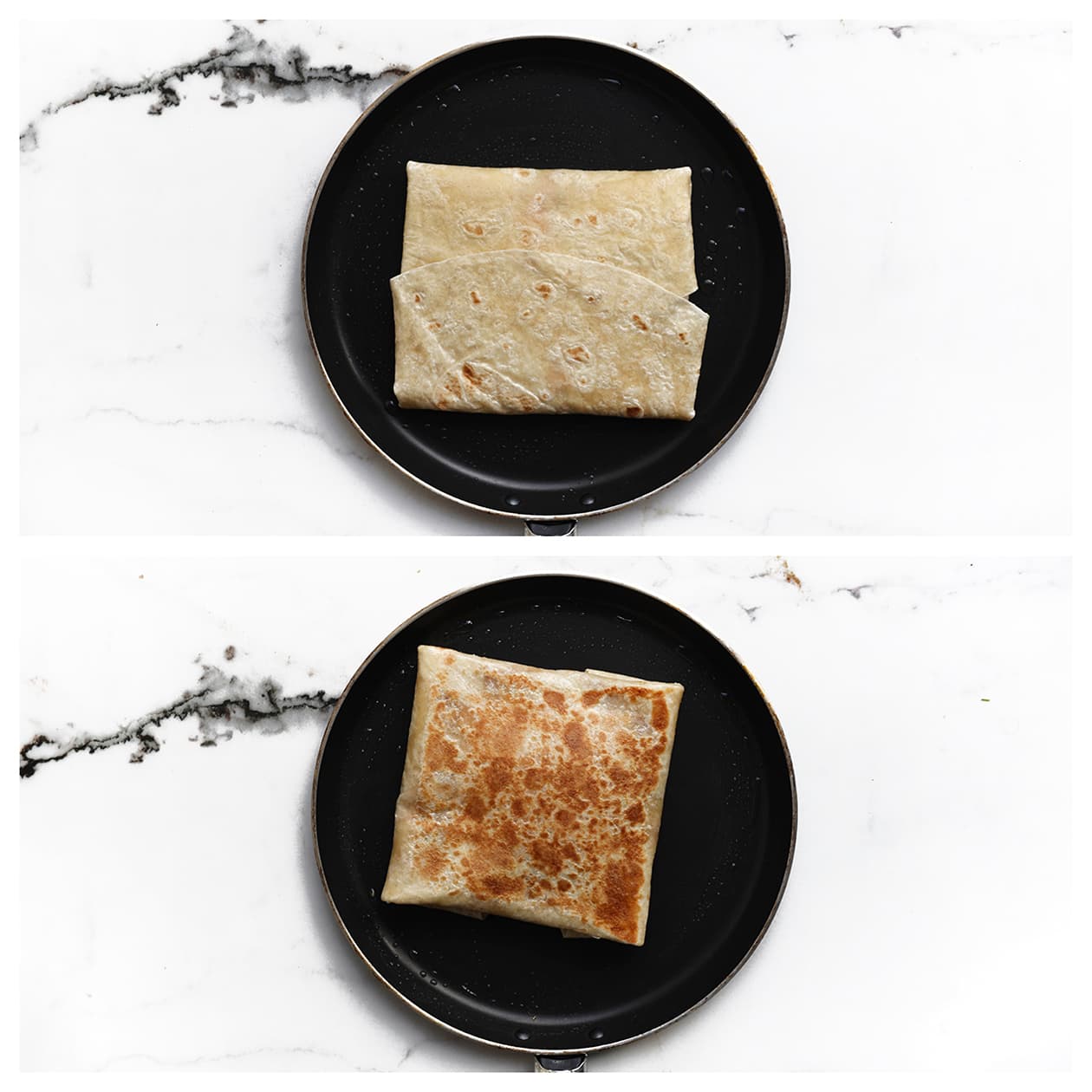 Gevulde wraps met vlees die goudbruin en krokant worden gebakken in een koekenpan